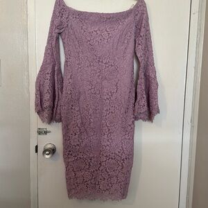 Lilac Bardot lace cocktail dress.